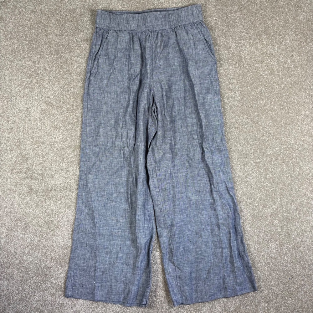 Tahari Womens Blue Gray 100% Linen Wide Leg Elastic Waist Crop Pants Size S